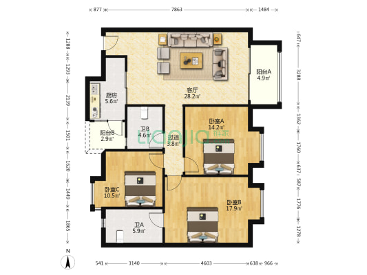 嘉泓苑 3室1厅2卫 123平方