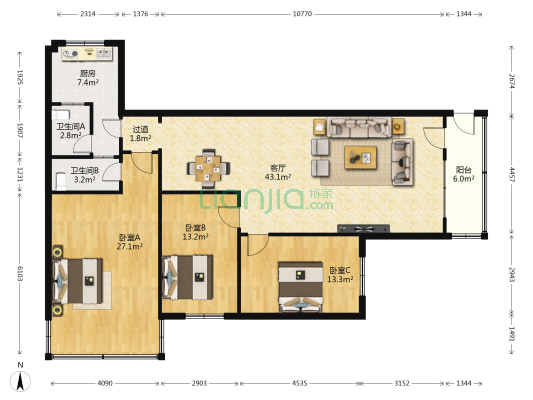 中田东路 3室1厅2卫 140平方