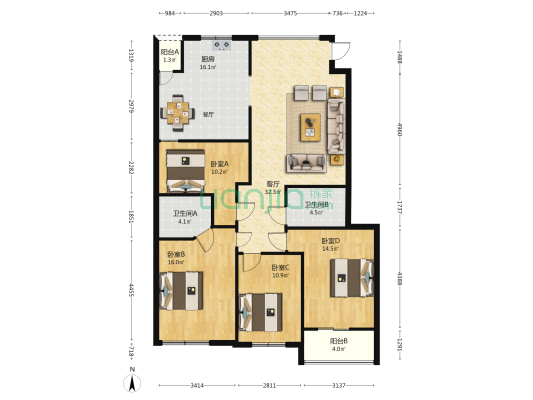 碧水龙庭B区 4室1厅2卫 133平方