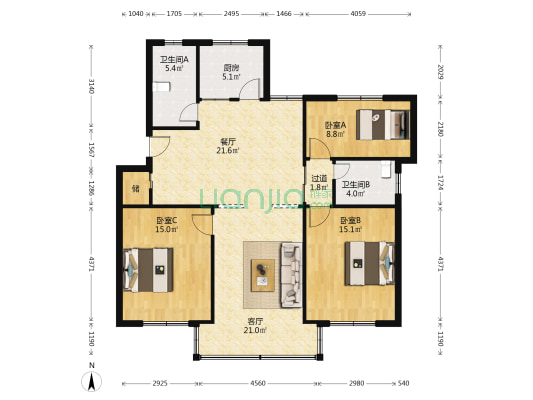 南丁东园 3室2厅2卫 114平方