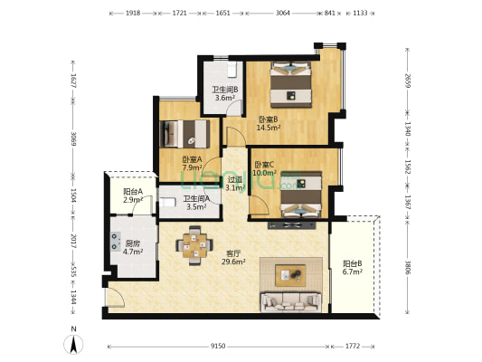 恒福国际公馆 3室1厅2卫 108平方