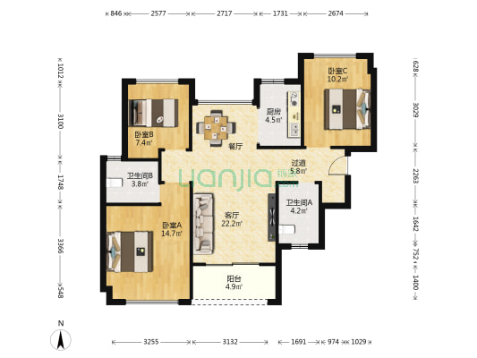 金地格林泊乐花园三期 3室1厅2卫 91平方