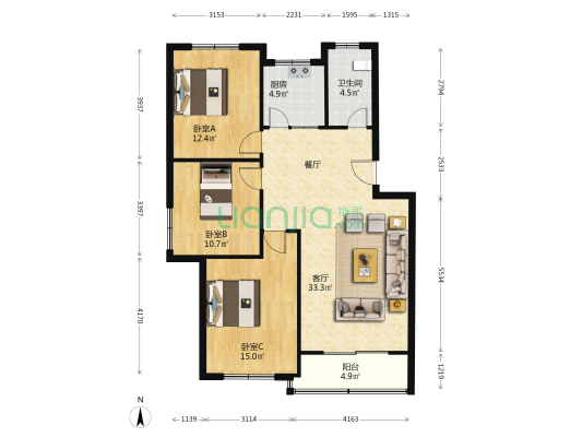 文化名园 3室1厅1卫 111平方