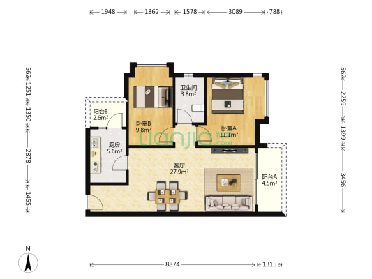 远东御江豪庭 2室1厅1卫 85平方