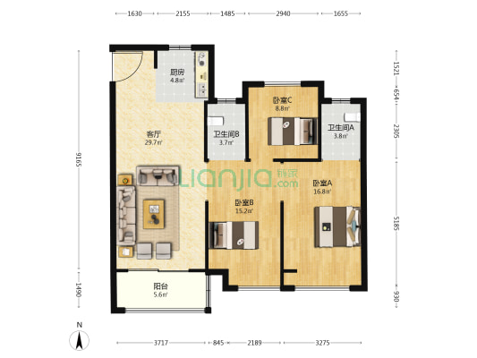 云帆丽景 3室1厅2卫 112平方