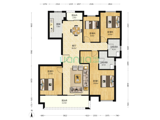 天纵时代城 4室1厅2卫 143平方
