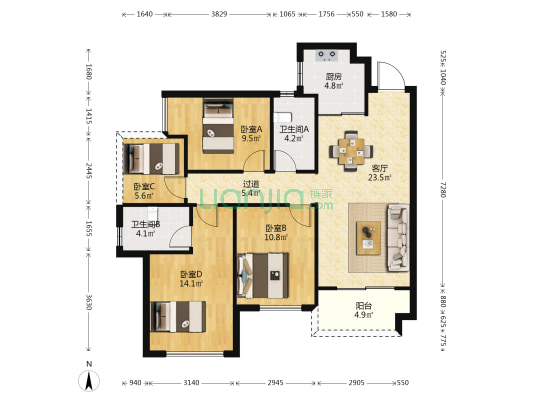 奥园尚雅花园二期 4室1厅2卫 104平方