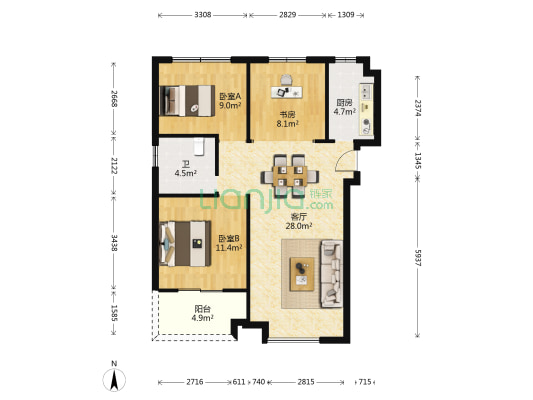 海创家园锦园 3室1厅1卫 101平方