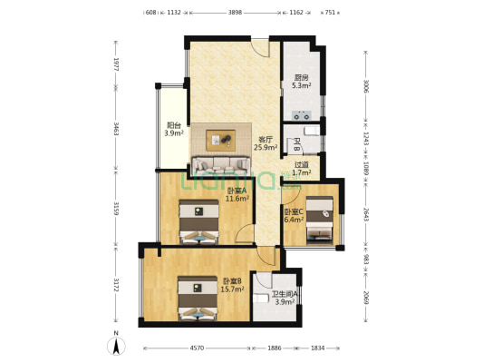 蓝光花满庭三期北区 3室1厅2卫 94平方