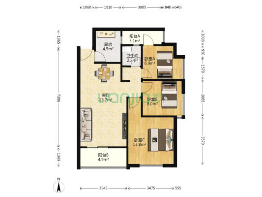 上元公寓 3室1厅1卫 85平方