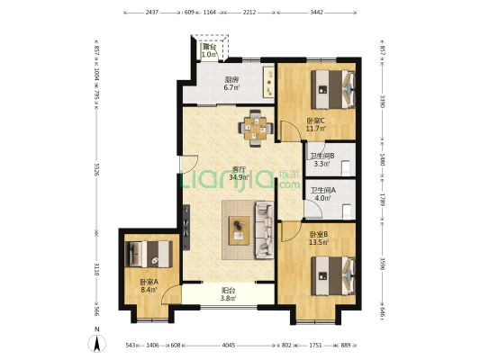 海宁园 3室1厅2卫 113平方