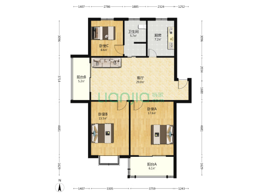 汤沐小区 3室1厅1卫 118平方