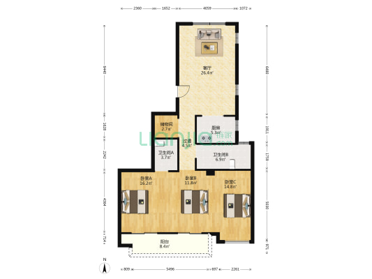 瑧鸿华庭 3室1厅2卫 129平方
