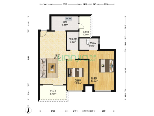 纯水岸 2室1厅2卫 89平方