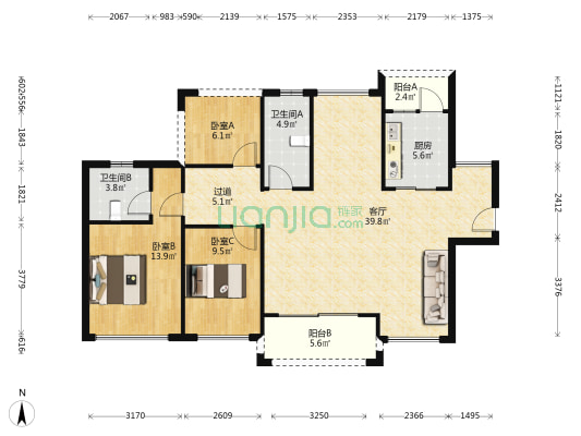 中洲半岛城邦四期 3室1厅2卫 108平方