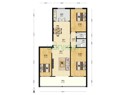 物价局小区（永昌路） 3室2厅2卫 106平方