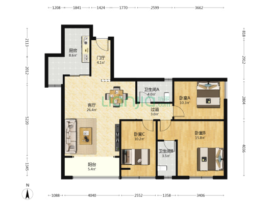 恒森阳光城 3室1厅2卫 116平方