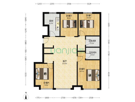 本房是经典的四叶草户型，南北三通透，双明卫，好楼层-户型图