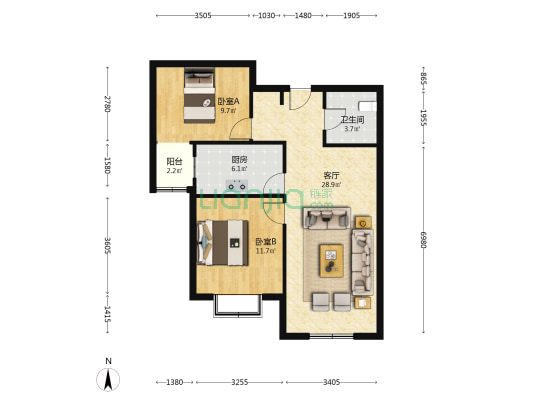 南向两居室  户型方正 顶层坡屋顶设计 可做阁楼-户型图