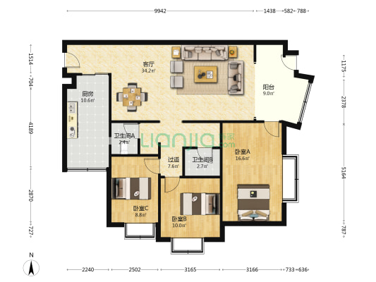 攀研院生活区 3室1厅2卫 134平方