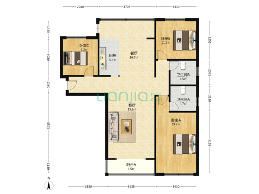 出门华阳路，老城区近二康医院，精装修南北大三居-户型图