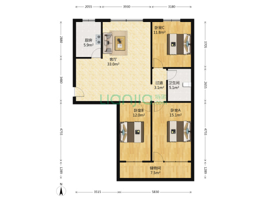 丽园花苑 3室1厅1卫 115平方