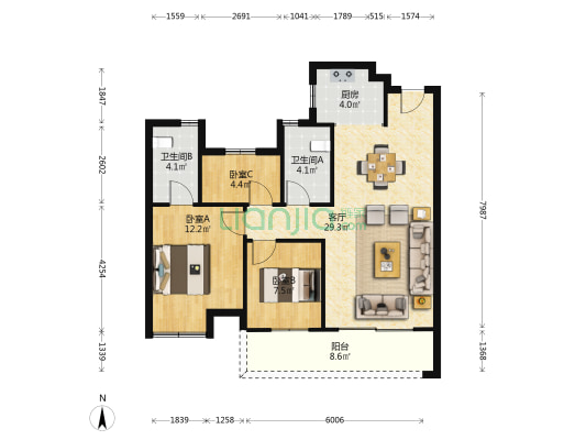 香山文锦苑 3室1厅2卫 97平方