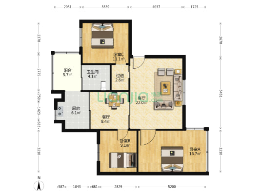 青年路3号 3室2厅1卫 100平方