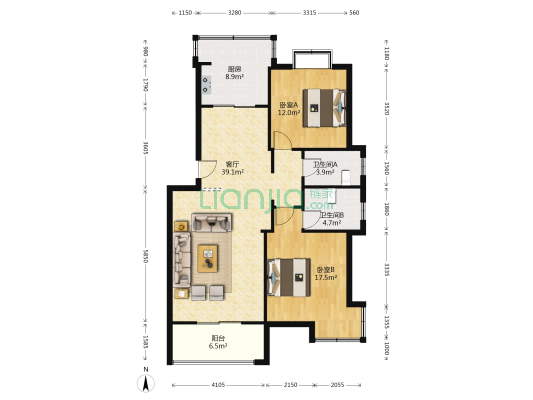 东城商业广场 2室1厅2卫 106平方