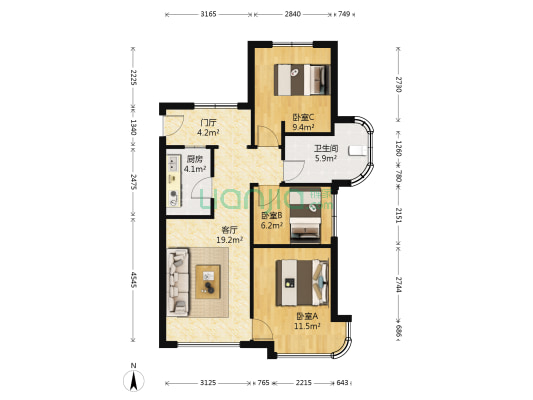 鸿坤原乡小镇 3室1厅1卫 90平方