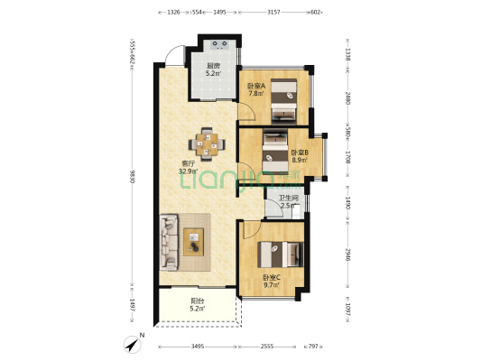 惠众公馆 3室1厅1卫 90平方