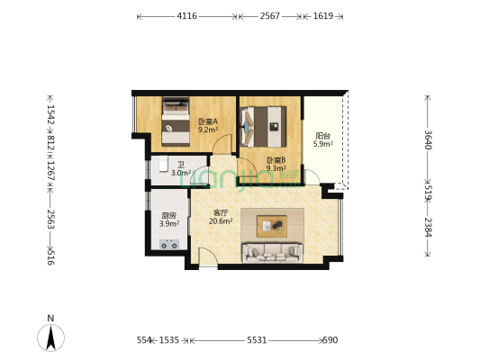 晖景楼社区 2室1厅1卫 60平方
