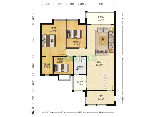 凯茵花园 3室1厅1卫 108平方