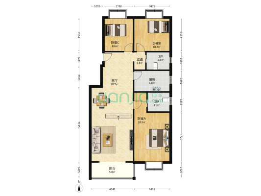 水晶郦城 3室1厅2卫 124平方