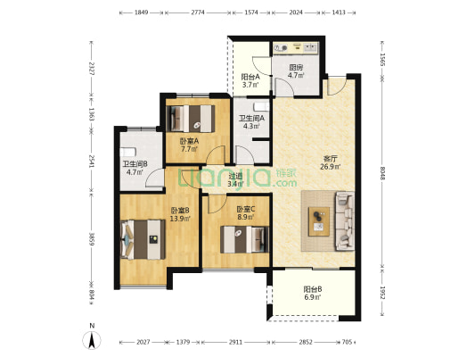 北城时代二期 3室1厅2卫 84平方