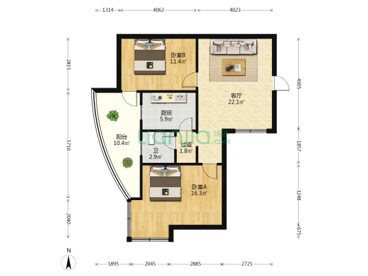 林溪公馆 2室1厅1卫 87平方