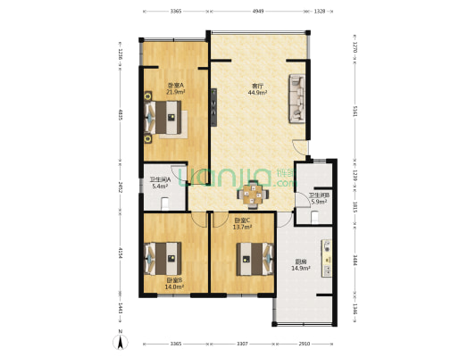 灵龙路90号 3室1厅2卫 137平方