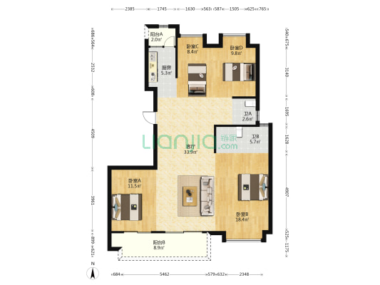 融侨则徐道壹號A区 4室1厅2卫 129平方
