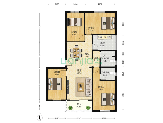莲城花园 4室2厅2卫 117平方