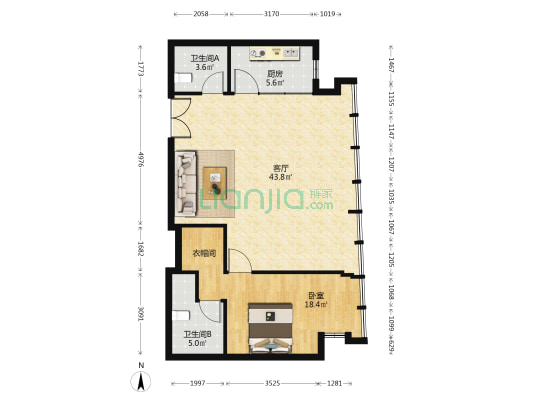 华润悦玺 1室1厅2卫 117平方