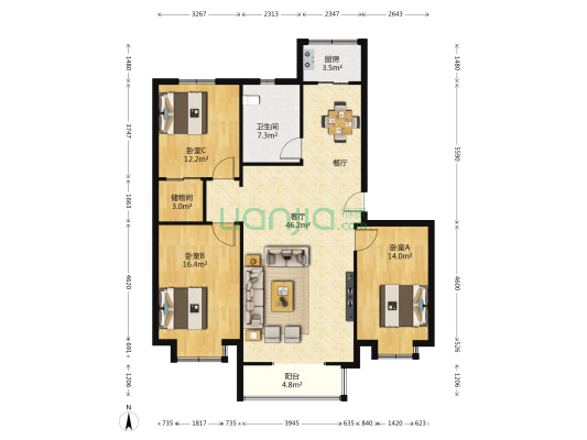 福泽园(滨海新区) 3室1厅1卫 126平方