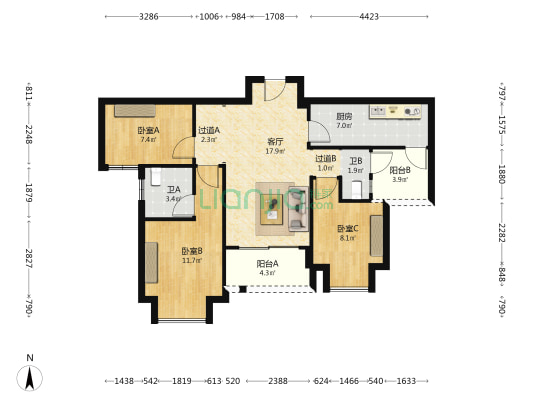 学宸名著T2组团 3室1厅2卫 84平方