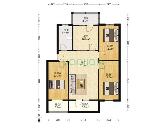 联合小区二号院 3室2厅1卫 108平方