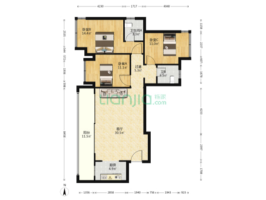 中粮中央公园祥云C区 3室1厅2卫 123平方