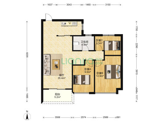 恒大越府 3室1厅1卫 96平方