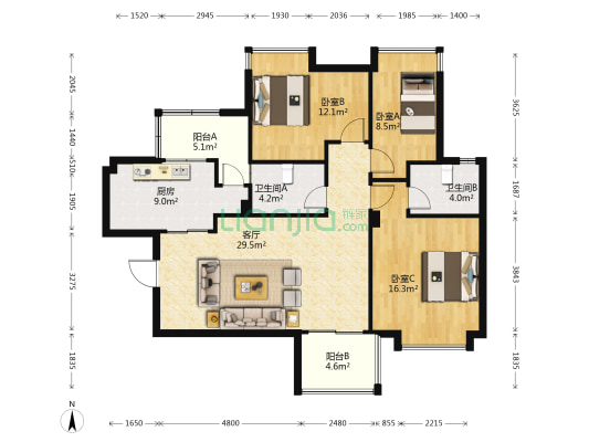 阳光翠苑 3室1厅2卫 115平方