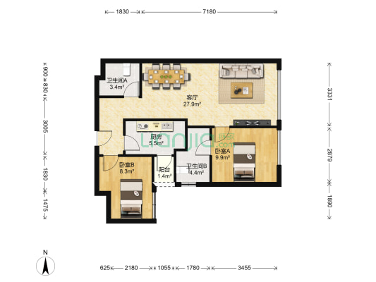海洋中心 2室1厅2卫 84平方
