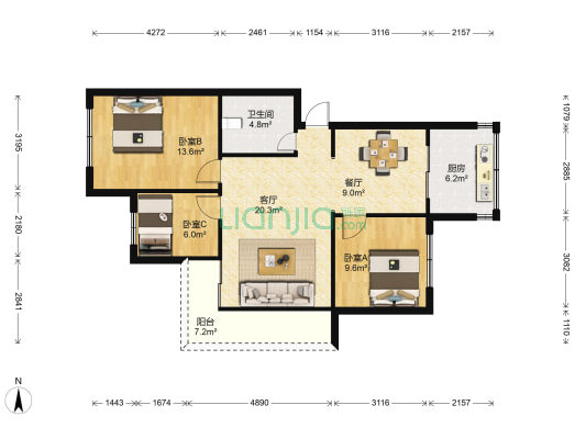 红云小区A区 3室2厅1卫 76平方