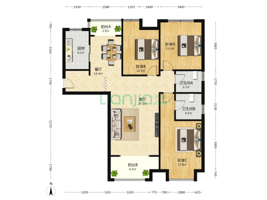幸福城欣园 3室2厅2卫 142平方