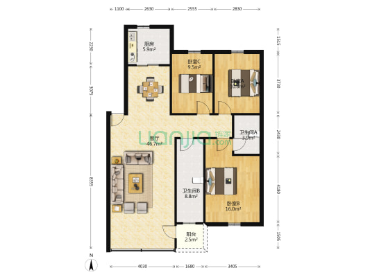 环球商务大厦 3室1厅2卫 120平方